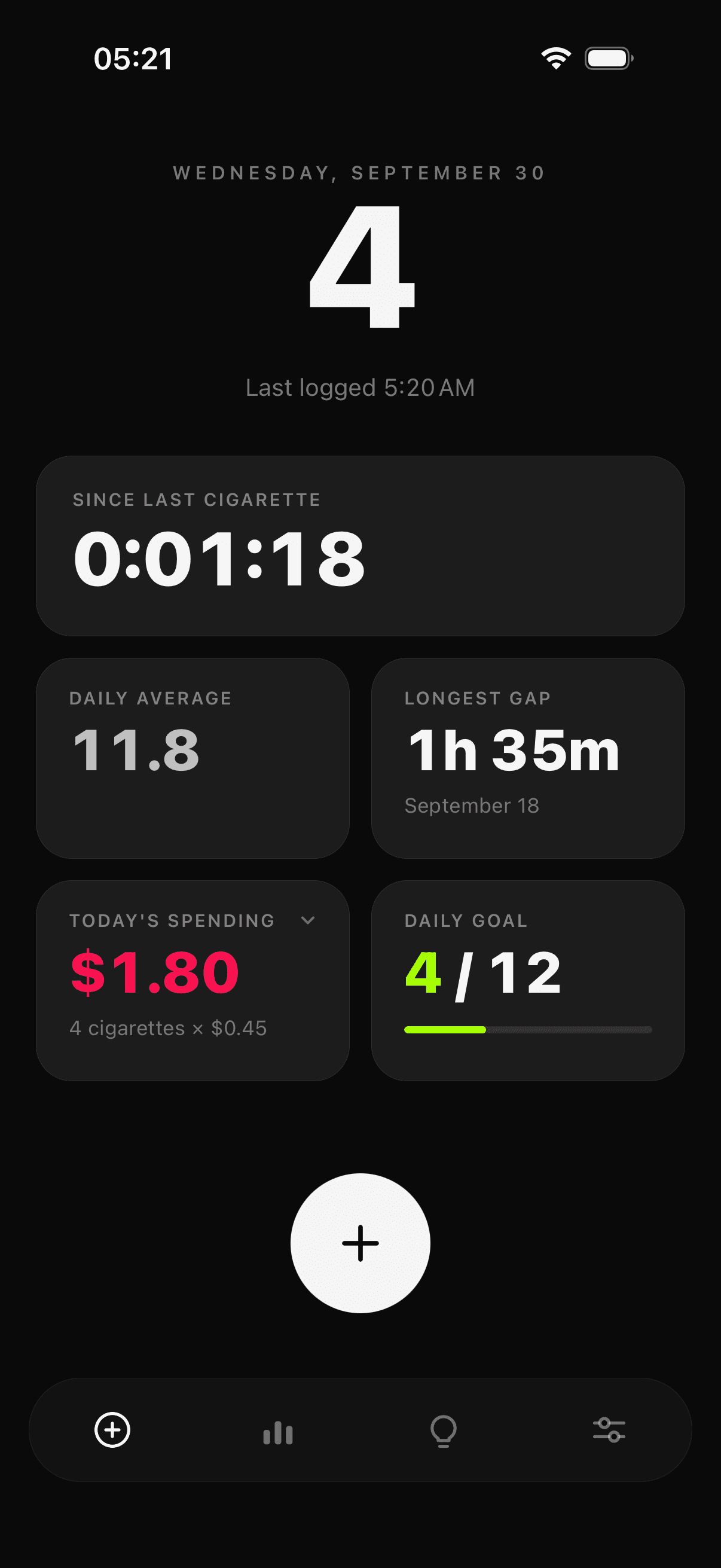 Tane home screen: today's count, time since the last cigarette and daily statistics