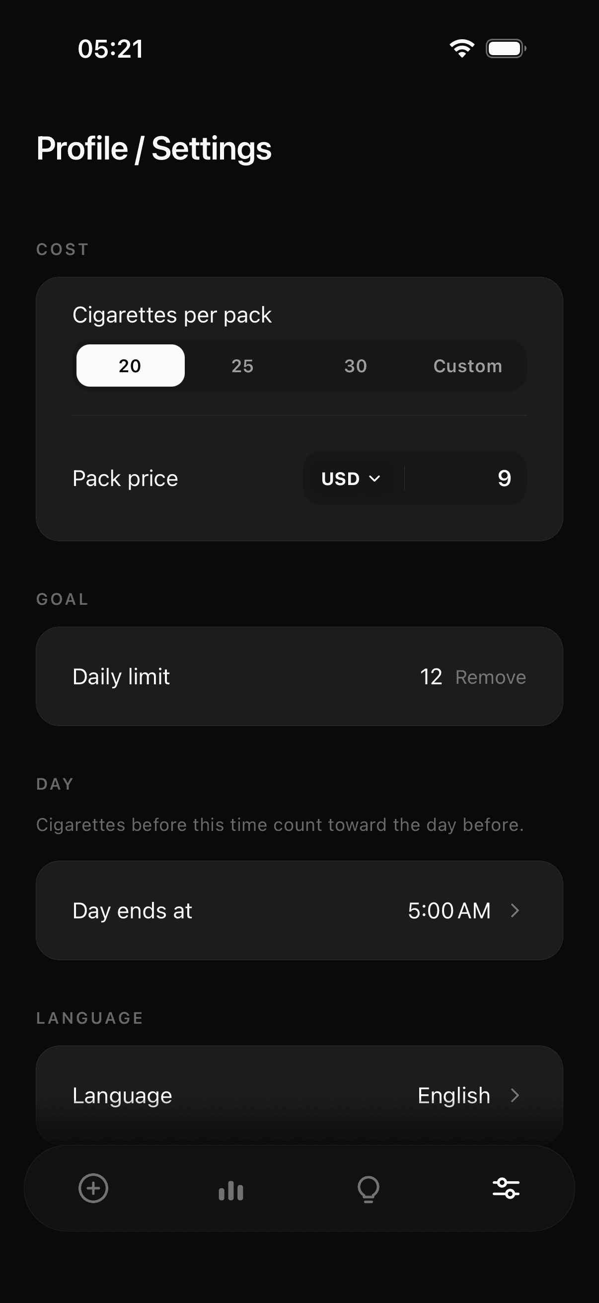 Tane settings screen: cost from the pack price and a daily limit