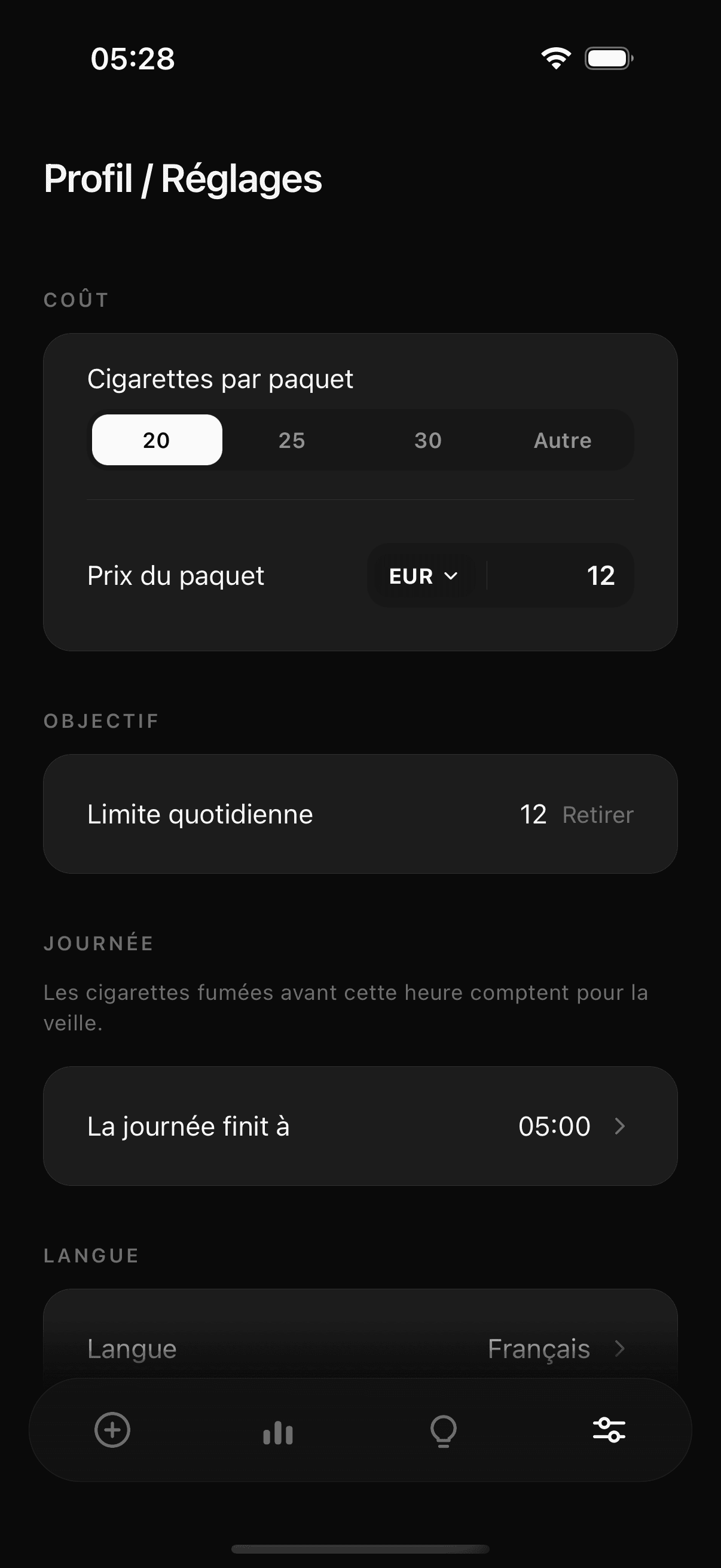 Écran Réglages de Tane : coût calculé à partir du prix du paquet et limite quotidienne