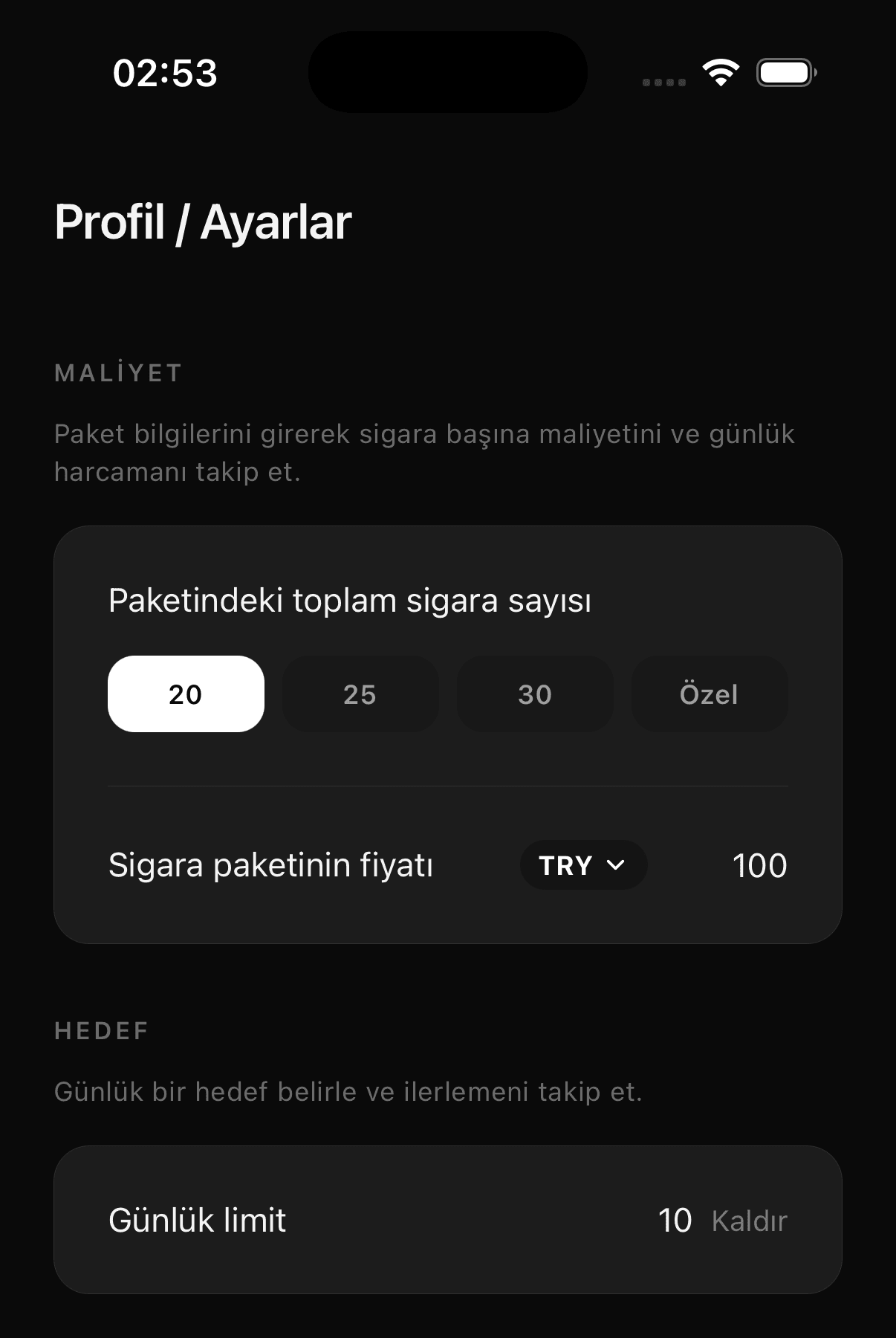 Tane ayarlar ekranı: paket fiyatından maliyet hesaplama ve günlük limit belirleme