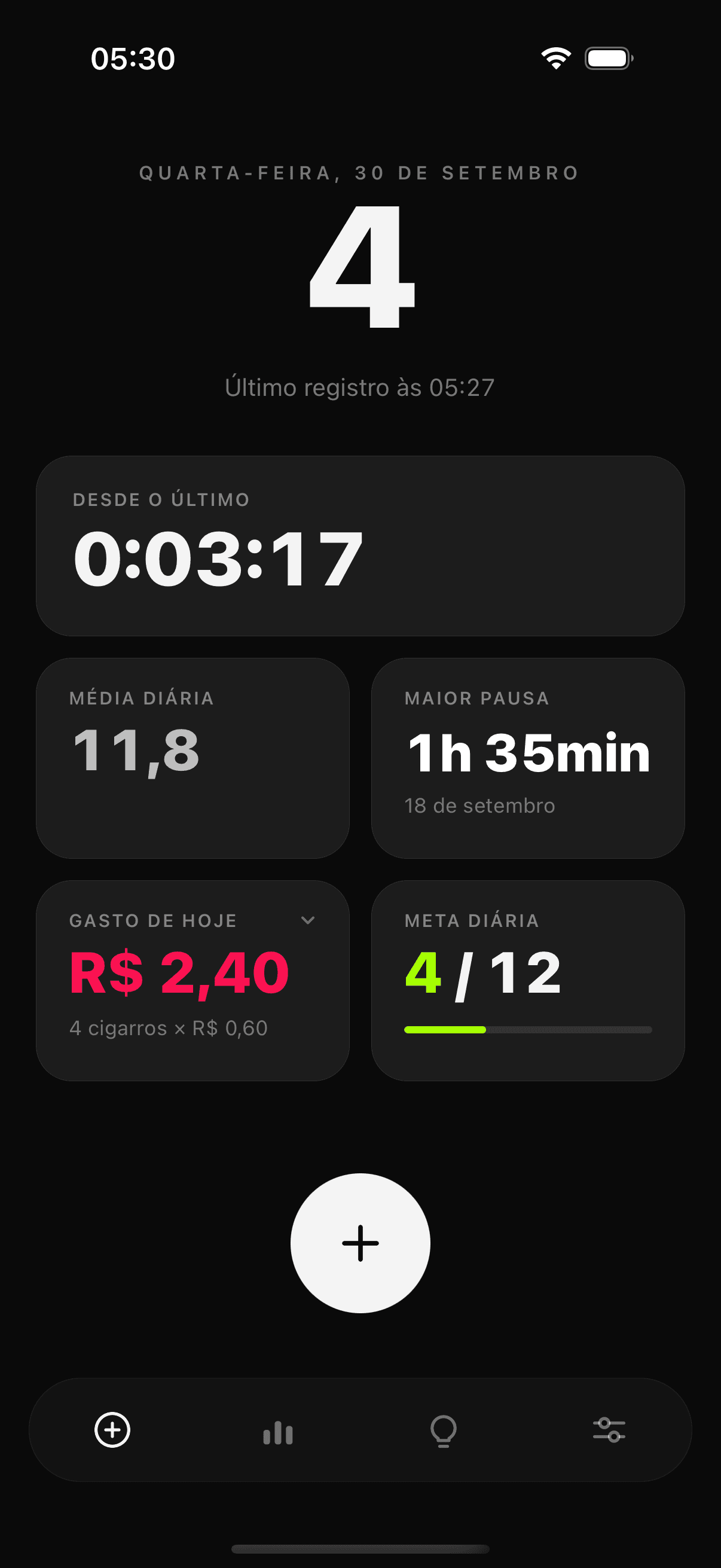 Tela inicial do Tane: contagem de hoje, tempo desde o último cigarro e estatísticas do dia