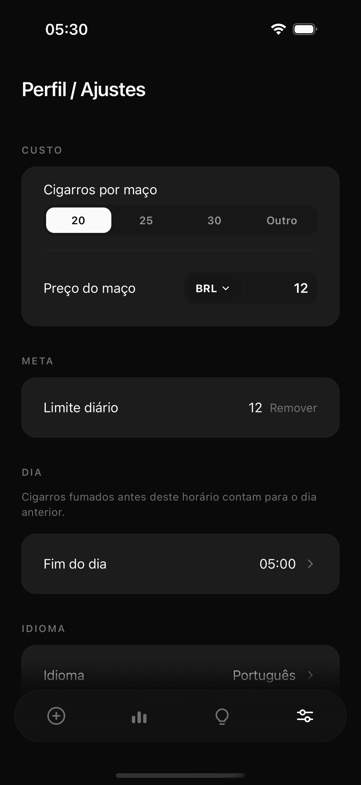 Tela de ajustes do Tane: custo calculado pelo preço do maço e limite diário